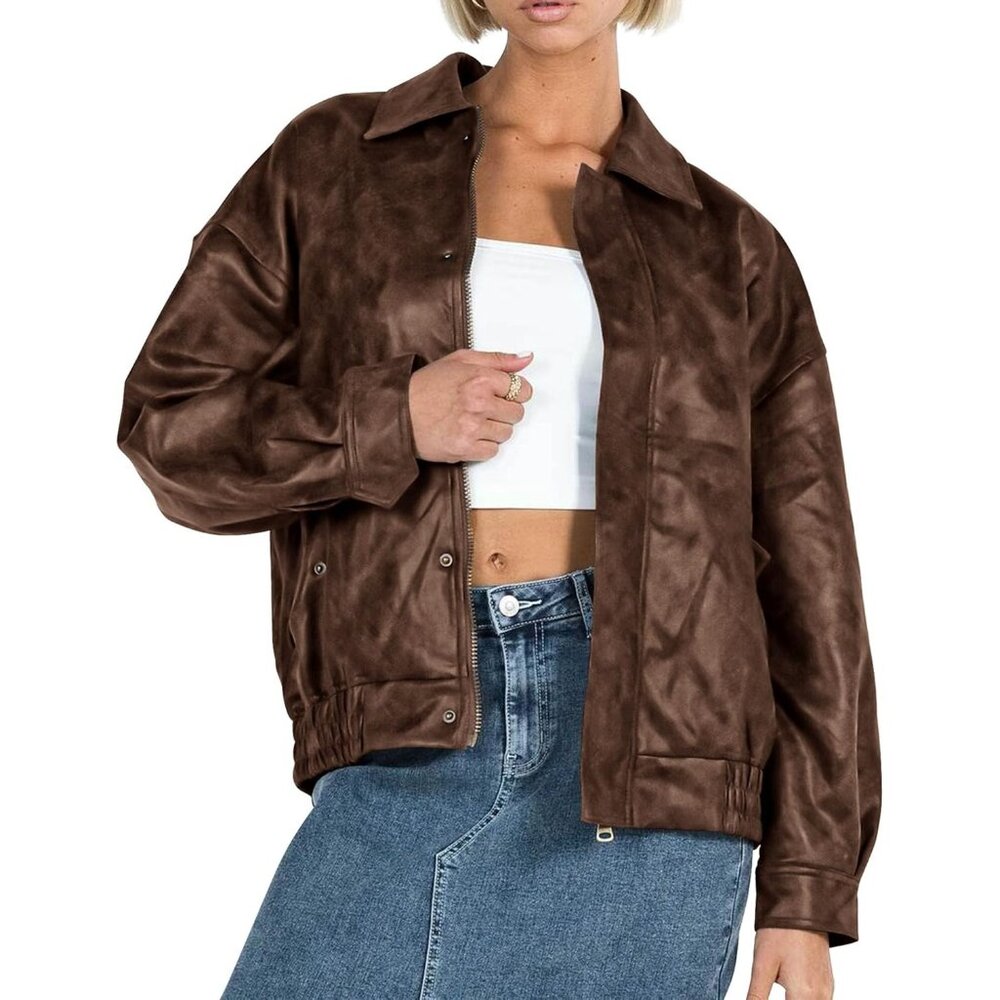✨ Women's Brown Faux Leather Jacket Trendy Clothes Zip Up Winter Coat Outerwear
